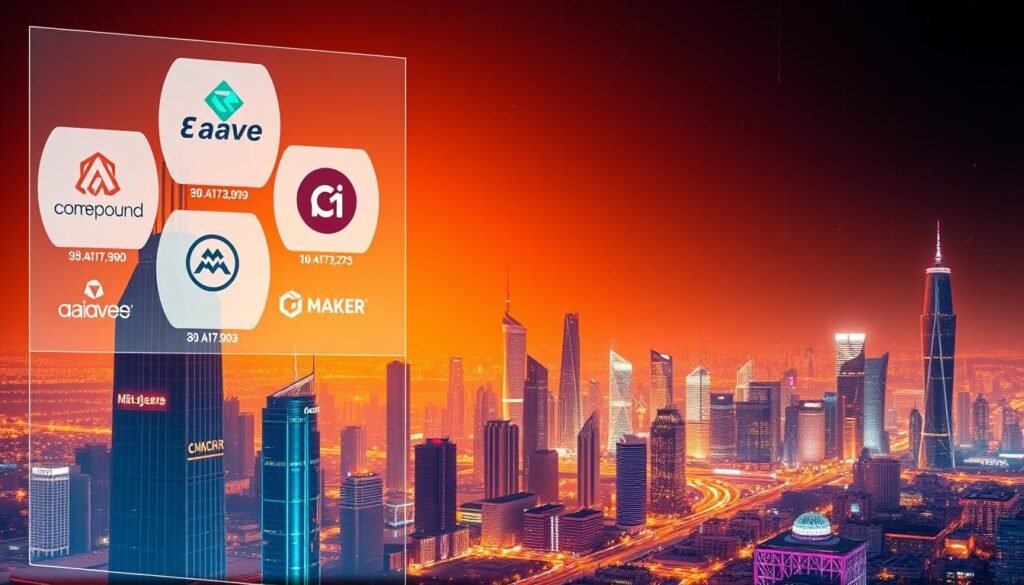 A panoramic view of the top DeFi lending platforms in 2025, rendered in a sleek, futuristic style. In the foreground, a holographic display showcases the logos and key stats of leading protocols like Aave, Compound, and Maker. The middle ground features a cityscape of gleaming towers and skyscrapers, representing the thriving DeFi ecosystem. The background depicts a vibrant, neon-tinged skyline, with data streams and blockchain visualizations illuminating the night sky. Warm lighting casts a futuristic glow, while the overall composition conveys a sense of innovation, growth, and financial prowess in the decentralized finance space.