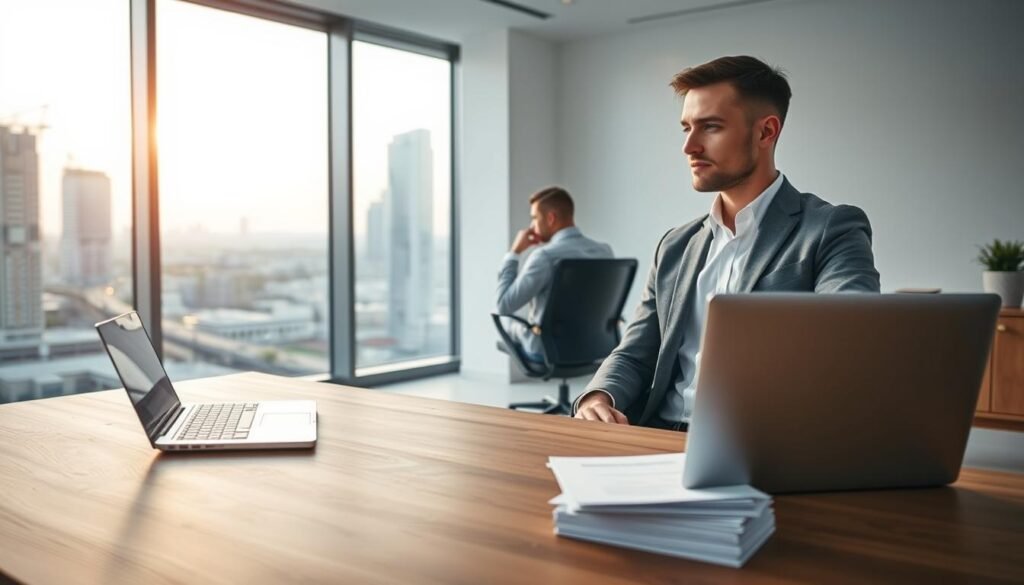 A pristine, minimalist office scene with a large wooden desk in the foreground, a sleek silver laptop, and a stack of financial documents. In the middle ground, a person in a crisp white shirt and gray suit is sitting in an ergonomic office chair, deep in thought. The background showcases a floor-to-ceiling window overlooking a serene urban landscape, with the warm glow of natural light filtering in. The overall mood is one of professionalism, financial security, and the potential for growth, reflecting the tax benefits and advantages of a Cash ISA.