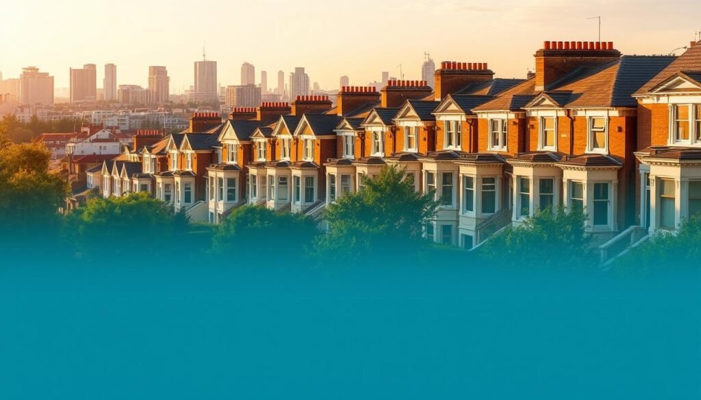 A serene landscape depicting the current state of the UK property market. In the foreground, a well-maintained residential property, its exterior gleaming under the warm, golden afternoon light. In the middle ground, a row of terraced houses, each with its own unique architectural charm. The background showcases a cityscape, with a mix of modern high-rises and historic buildings, representing the diverse real estate landscape of the UK. The scene conveys a sense of stability, prosperity, and the enduring appeal of the British housing market.