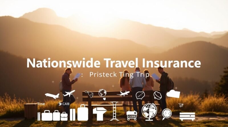 A serene landscape with a picturesque mountain range in the background, bathed in warm, golden sunlight. In the foreground, a group of people standing around a wooden bench, examining travel insurance documents and discussing their options. The middle ground features a variety of travel-related icons and symbols, such as suitcases, airplanes, and globes, all rendered in a minimalist, graphic style. The overall atmosphere conveys a sense of security, preparedness, and the excitement of embarking on a journey, capturing the essence of "Nationwide Travel Insurance: Protect Your Trips".