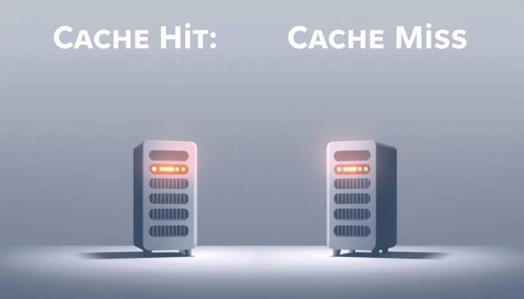 A serene, minimalist illustration showcasing the cost differences between cache hit and cache miss scenarios. In the foreground, two stylized data servers stand facing each other, one glowing with a warm, efficient light, the other emitting a faint, flickering aura. The background features a sleek, monochromatic gradient, creating a sense of depth and focus on the central subject. The lighting is soft and directional, casting subtle shadows that emphasize the servers' form and the contrast between the two states. The overall aesthetic is clean, modern, and visually impactful, designed to effectively convey the cost implications of cache performance in a data-driven insights context.