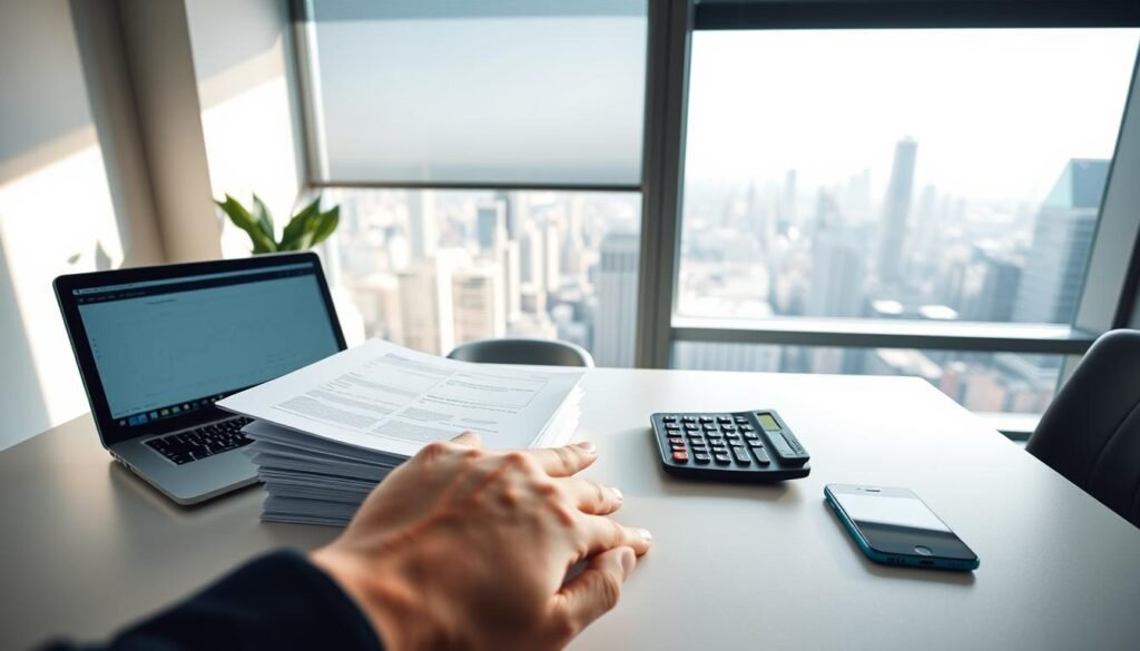 A serene, well-lit office space with a desk showcasing a laptop, tablet, and smartphone. Atop the desk, a stack of documents and a calculator symbolize the data-driven insights from the DeepSeek API. The foreground features a hand gesturing towards the devices, highlighting the token-based model's affordability and accessibility. The middle ground showcases a window overlooking a bustling city skyline, conveying the global reach and impact of the API. Soft, directional lighting casts subtle shadows, creating a professional and contemplative atmosphere. The overall composition emphasizes the seamless integration of technology and data-driven decision making.