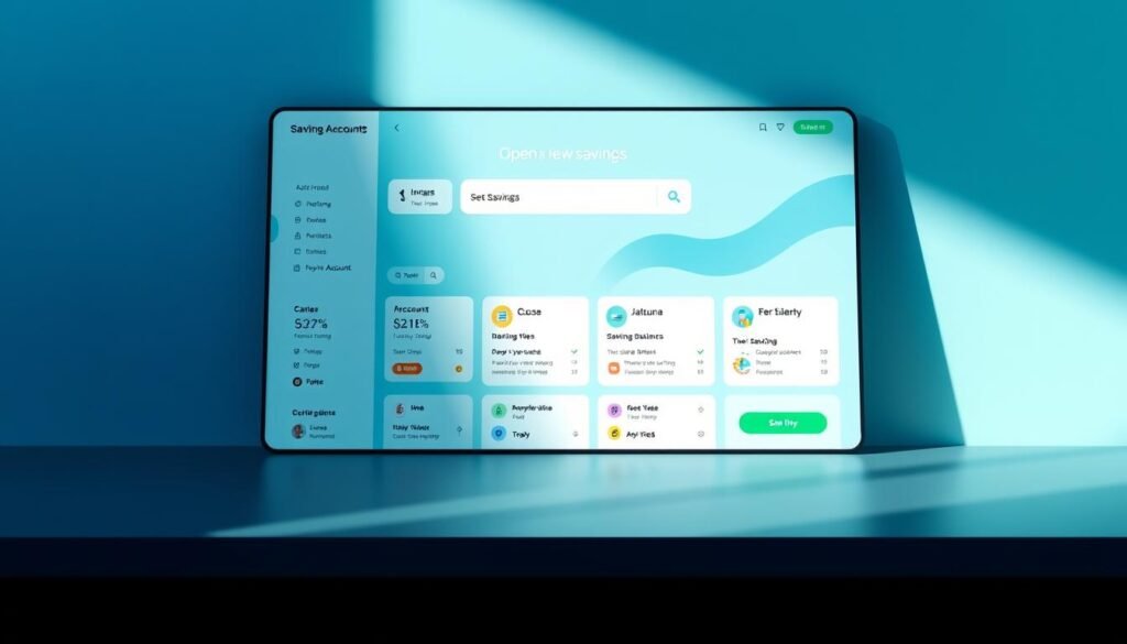 A sleek and modern banking interface showcasing various savings options at a glance. In the foreground, a clean, intuitive dashboard displays different account types, interest rates, and balances. The middle ground features a series of colorful icons and infographics, guiding the user through the process of opening a new savings account. The background is a minimalist, abstract design in shades of blue and green, evoking a sense of financial security and growth. Soft, directional lighting casts subtle shadows, adding depth and texture to the scene. The overall composition conveys efficiency, clarity, and immediate access to personalized savings solutions.