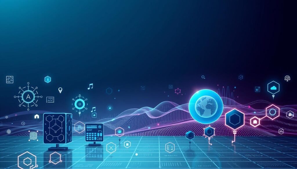 A sleek, futuristic background showcasing various AI models and neural network architectures. The foreground features stylized icons and visualizations of deep learning frameworks, algorithms, and hardware components. The middle ground depicts a dynamic data landscape with flowing data streams and abstract data visualizations. The background has a minimalist, high-tech aesthetic with subtle gradients, hexagonal patterns, and a cool, blue-toned color palette. Soft, directional lighting from the top left casts dramatic shadows, creating depth and a sense of technological sophistication. The overall composition conveys the power, complexity, and interconnectedness of modern AI systems.