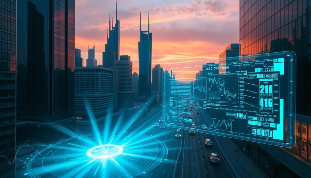 A sleek, futuristic cityscape with towering skyscrapers and gleaming glass facades. In the foreground, a holographic display floats, showcasing complex financial data and algorithms. Rays of ethereal blue light emanate from the display, casting a mesmerizing glow across the scene. In the middle ground, autonomous vehicles navigate the bustling streets, while in the background, a breathtaking sunset paints the sky with vibrant hues of orange and purple. The overall atmosphere conveys a sense of technological innovation, financial prowess, and a glimpse into the future of AI-driven finance.