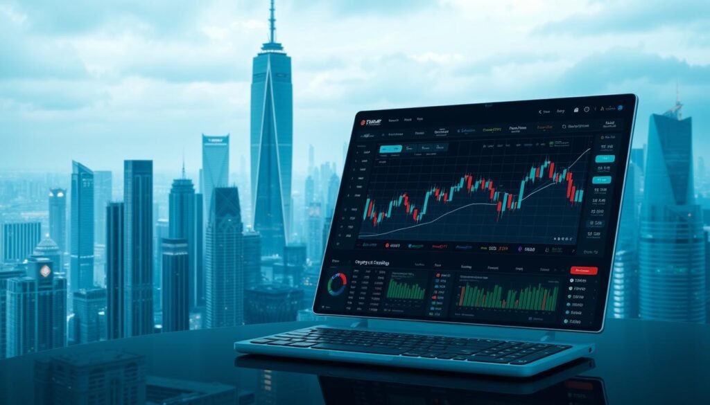 A sleek, high-tech trading platform prominently displayed in the foreground, showcasing its intuitive user interface and advanced charting tools. In the middle ground, a grid of cryptocurrency exchange logos and trading indicators, conveying the platform's wide range of supported assets and robust trading capabilities. The background features a futuristic cityscape with towering skyscrapers, hinting at the global scale and connectivity of the platform. Subtle lighting casts a cool, professional tone, and the overall composition suggests a sense of power, control, and financial opportunity.