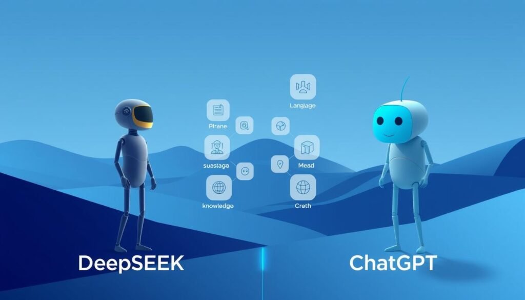 A sleek, minimalist illustration contrasting the core features and capabilities of the AI tools DeepSEEK and ChatGPT. In the foreground, two distinct AI assistant icons stand side-by-side, one with a more angular, robotic design and the other with a more rounded, conversational appearance. In the middle ground, a series of floating icons and data visualizations highlight their key differences, such as language understanding, task-completion, and knowledge depth. The background is a subdued, geometric landscape bathed in cool, futuristic lighting, emphasizing the technological nature of the comparison. The overall mood is one of clinical precision and analytical comparison, reflecting the subject matter.