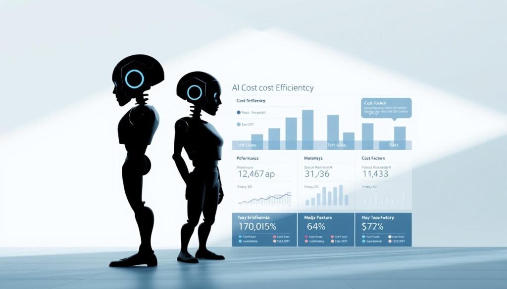 A sleek, minimalist infographic showcasing the cost efficiency of AI technologies. In the foreground, a trio of sophisticated AI models stand in profile, each with a distinctive silhouette and subtle highlights hinting at their unique capabilities. The middle ground features a series of dynamic data visualizations, comparing key performance metrics and cost factors across the AI landscape. The background is a clean, geometric grid, casting a cool, calculated ambiance that underscores the technological prowess on display. Diffuse lighting casts subtle shadows, creating depth and emphasizing the precision of the data. The overall impression is one of cutting-edge innovation, data-driven insights, and a glimpse into the future of the AI industry.