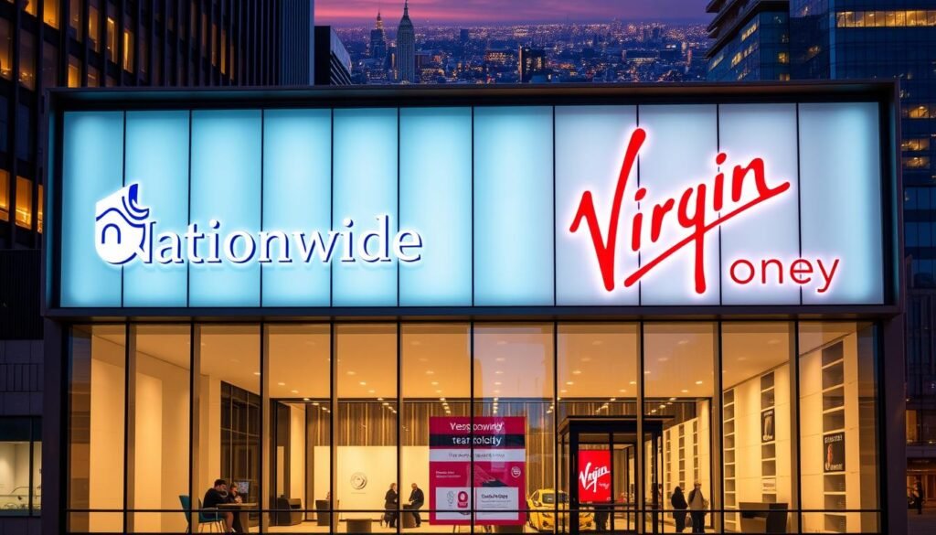 A sleek, modern building with the distinctive Nationwide Building Society and Virgin Money logos prominently displayed on the facade. The structure has a clean, minimalist design with large glass windows, conveying a sense of transparency and professionalism. The building is set against a backdrop of a bustling city skyline, highlighting its place in the financial landscape. The scene is illuminated by warm, golden lighting, creating a welcoming and authoritative atmosphere. The overall composition suggests a merger of two respected financial institutions, reflecting the forward-looking and collaborative nature of the acquisition.