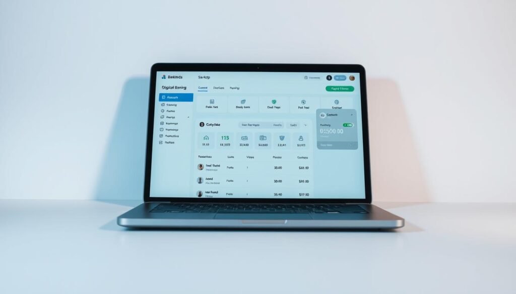 A sleek, modern digital banking interface set against a clean, minimalist backdrop. The screen displays a crisp, well-organized layout with intuitive navigation menus, account balances, and transaction histories. Subtle shadows and highlights create a sense of depth, while a cool color palette of blues and grays evokes a professional, trustworthy atmosphere. The interface is displayed on a laptop or tablet, captured from a slightly elevated angle to showcase the thoughtful design and user-friendly experience. Lighting is soft and diffused, creating an elegant, high-tech ambiance.