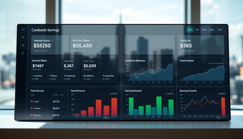 A sleek, modern financial dashboard displaying a side-by-side comparison of easy access savings accounts. The foreground features clean, minimalist account cards with key details like interest rates, minimum balances, and fees prominently displayed. The middle ground showcases interactive charts and graphs, allowing for visual analysis of account performance and returns. The background has a soft, blurred city skyline, conveying a sense of financial security and stability. The lighting is bright and natural, with gentle shadows accentuating the display's depth and clarity. The overall mood is one of informed decision-making, with the layout and design guiding the viewer through a comprehensive evaluation of instant access savings options.