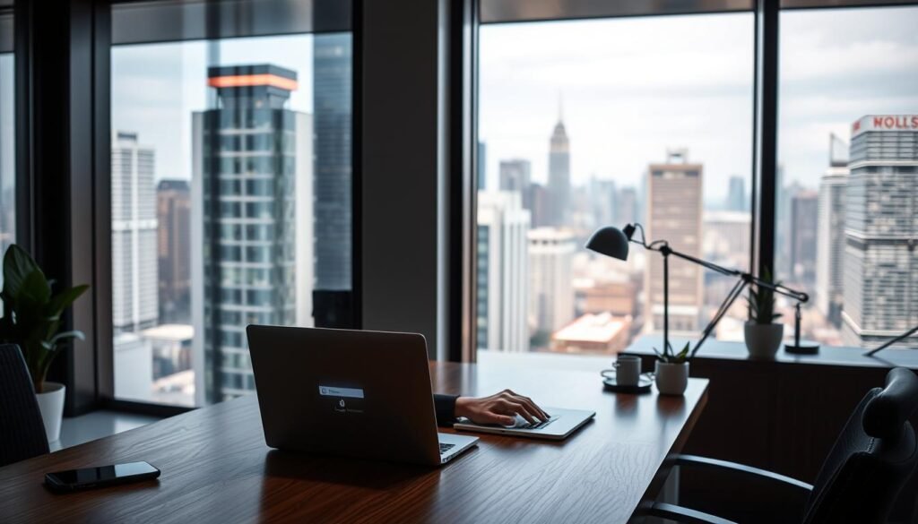 A sleek, modern office interior with large windows overlooking a bustling city skyline. In the foreground, a person sits at a desk, using a laptop with a secure login interface. The desk is clean and organized, with a smartphone, stylish desk lamp, and potted plant adding a touch of sophistication. Soft, directional lighting illuminates the scene, casting subtle shadows and highlighting the textures of the wood and metal furnishings. The atmosphere conveys a sense of professionalism, security, and technological prowess, befitting the topic of internet banking safety.