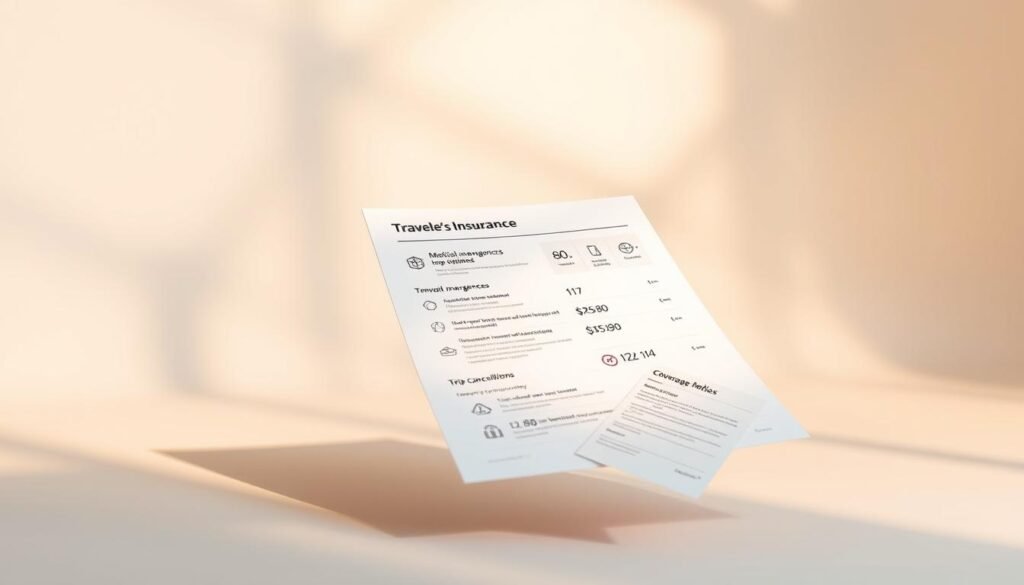 A sleek, modern traveler's insurance policy document floats in a minimalist, well-lit studio setting. The pages showcase various coverage options, from medical emergencies to trip cancellations, with elegant icons and infographics. The document is positioned against a softly blurred background, emphasizing the sense of security and protection it represents. Warm, directional lighting casts subtle shadows, creating depth and a premium, aspirational atmosphere. The overall composition conveys the concept of "optional add-ons and customization" for a comprehensive travel insurance plan.
