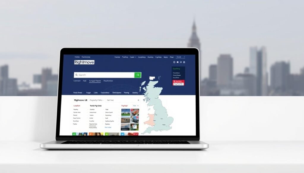 A sleek, modern web interface showcasing the Rightmove UK property search platform. In the foreground, a laptop screen displays the Rightmove homepage, featuring a prominent search bar and filters for location, price range, number of bedrooms, and other key criteria. The middle ground depicts a stylized map of the UK, with various regions highlighted and color-coded to represent property availability and trends. In the background, a subtle cityscape skyline sets the scene, conveying the breadth and diversity of the UK's real estate market. The overall tone is one of professionalism, efficiency, and ease of use, inviting the viewer to confidently navigate the Rightmove platform.