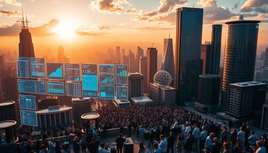 A sprawling cityscape of modern skyscrapers and gleaming high-tech hubs, bathed in a warm golden glow of late afternoon sunlight. In the foreground, a series of holographic displays float, showcasing various DeFi investment platforms, their intuitive interfaces and complex data visualizations. The middle ground features crowds of investors and analysts engrossed in their digital devices, trading cryptocurrencies and exploring the latest DeFi innovations. In the background, a network of interconnected servers and blockchain nodes hum with activity, the backbone of this decentralized financial ecosystem. The scene conveys a sense of dynamism, innovation, and the boundless potential of DeFi to reshape the future of finance.