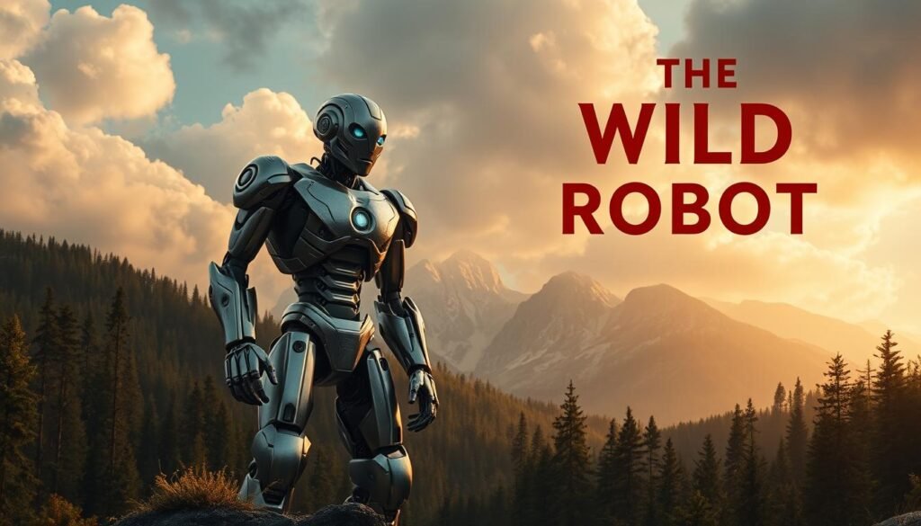 A striking, hyper-realistic theatrical movie poster for "The Wild Robot" film adaptation. In the foreground, a towering, metallic robot protagonist stands in a rugged, natural setting, its gleaming body and glowing eyes commanding attention. The middle ground features a lush, verdant forest backdrop, with towering trees and dense foliage creating an immersive wilderness atmosphere. In the background, dramatic clouds part to reveal a breathtaking mountain vista, conveying a sense of awe and wonder. Warm, diffused lighting bathes the entire scene, lending a cinematic, dreamlike quality. The overall composition and attention to detail create a visually captivating and emotionally resonant image that captures the essence of the film's "robot in the wild" premise.