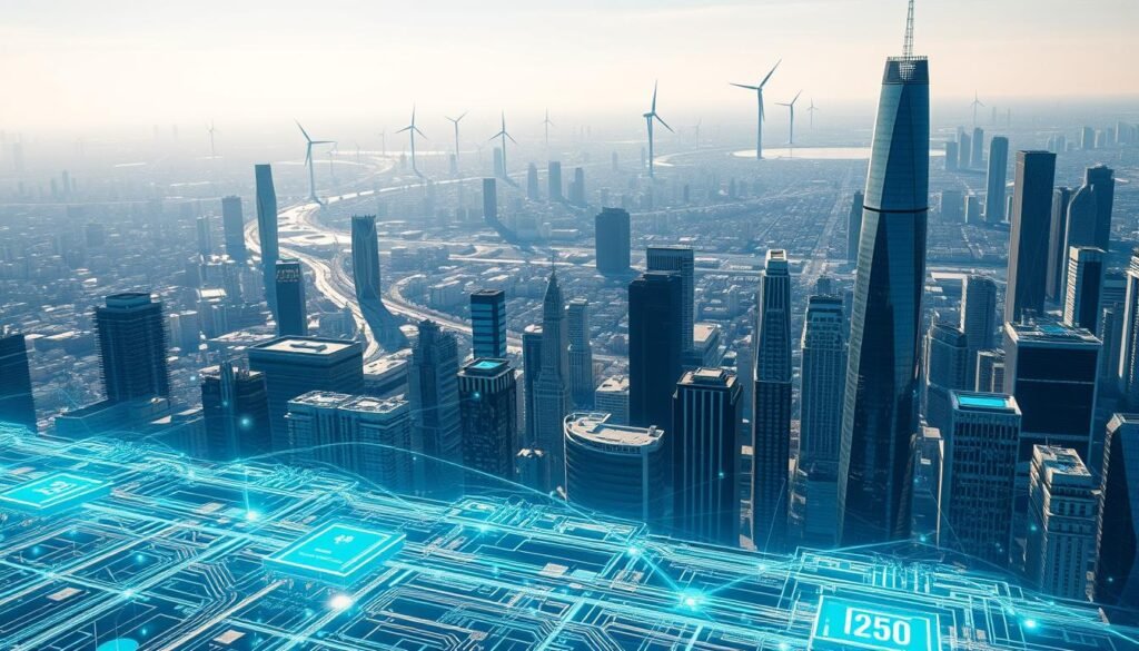 A vast digital banking landscape, with skyscrapers of sleek, modern architecture casting long shadows across a bustling cityscape. In the foreground, a network of glowing digital circuits and holographic interfaces, pulsing with data and transactions. Overhead, a drone's-eye view reveals a web of interconnected servers and data centers, powering the seamless flow of financial information. The scene is bathed in a cool, blue-tinted lighting, evoking a sense of technological sophistication and security. In the distance, towering wind turbines and solar panels speak to the sustainable, eco-friendly nature of this digital banking ecosystem. The overall impression is one of a thriving, futuristic financial hub, where technology and banking have merged to create a secure, flexible, and reliable experience for the modern consumer.