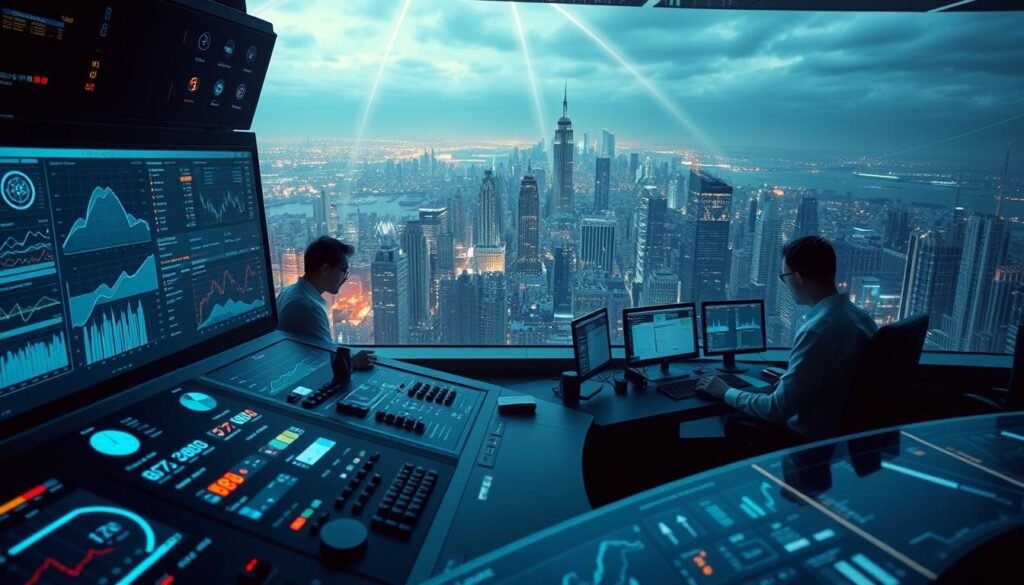 A vast, sleek control panel dominates the foreground, adorned with holographic displays, flashing indicators, and a central touchscreen interface. In the middle ground, a team of financial analysts pore over reams of data, their faces illuminated by the glow of their workstations. The background depicts a sprawling city skyline, bathed in a soft, futuristic hue, suggesting the integration of cutting-edge technology into the heart of modern finance. The scene conveys a sense of power, precision, and the seamless convergence of human expertise and machine intelligence in the realm of investment decisions.