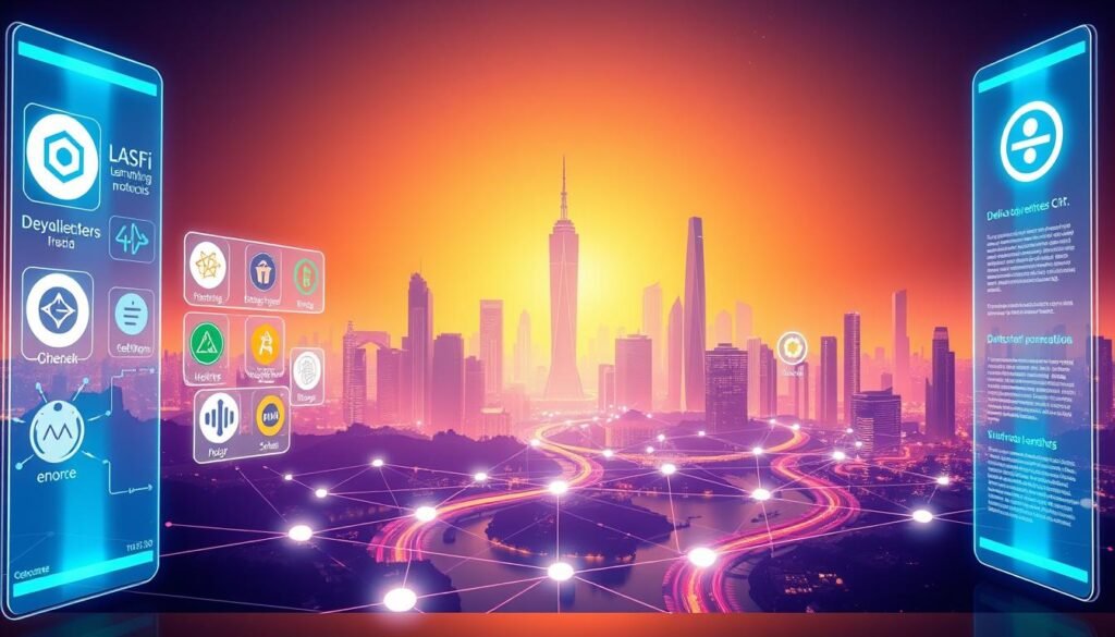 A vibrant, futuristic landscape depicting decentralized lending solutions. In the foreground, a holographic display showcases various DeFi lending protocols, their logos and key features. In the middle ground, a network of interconnected blockchain nodes and transactions flow like a river of data. The background features a sleek, minimalist cityscape with towering skyscrapers and glowing neon lights, symbolizing the decentralized and global nature of DeFi lending. The scene is illuminated by a warm, diffused lighting, creating a sense of technological sophistication and innovation. The overall mood is one of progress, transparency and financial empowerment.