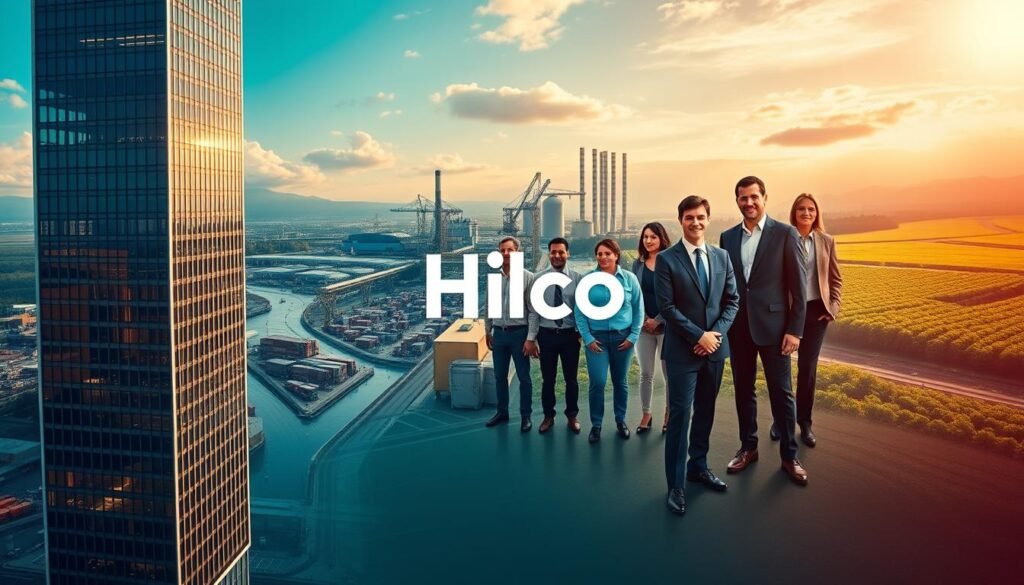 A vibrant, visually striking montage showcasing Hilco's diverse business portfolio. In the foreground, a gleaming skyscraper, representing Hilco's expertise in real estate and asset management. Behind it, a bustling factory floor, highlighting their industrial services. In the middle ground, a group of smartly dressed professionals, symbolizing Hilco's advisory and consulting capabilities. In the background, a serene, verdant landscape, alluding to their environmental and sustainability initiatives. The scene is bathed in warm, golden light, conveying a sense of prosperity and innovation. Captured through a wide-angle lens, the composition emphasizes Hilco's multifaceted and forward-thinking approach to creating smart solutions since 1956.