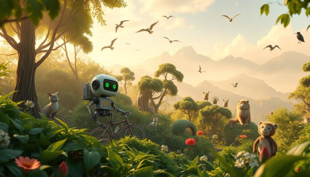 A vibrant, whimsical animation style inspired by "The Wild Robot" book series. In the foreground, a curious robot explorer navigates a lush, overgrown forest, its mechanical form juxtaposed against the organic greenery. The middle ground features diverse wildlife - playful woodland creatures, soaring birds, and verdant plant life. In the background, a sense of wonder and adventure pervades, with hazy, dreamlike mountains and a warm, golden-hued sky. The lighting is soft and diffuse, evoking a sense of enchantment. The overall aesthetic blends mechanical precision with the natural world, inviting the viewer to step into this imaginative, enchanting realm.