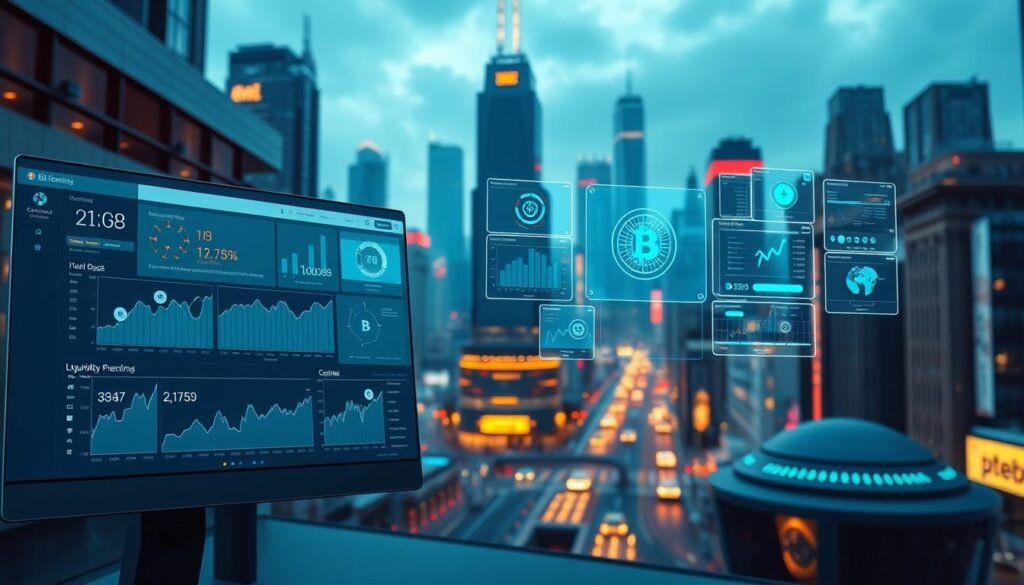 A visually striking image showcasing a curated collection of DeFi investment tools. In the foreground, a sleek, minimalist user interface displays a variety of interactive graphs, charts, and analytics dashboards, reflecting the data-driven nature of DeFi investing. In the middle ground, holographic projections of crypto assets, liquidity pools, and yield farming interfaces hover, highlighting the cutting-edge technology that powers these innovative financial applications. The background features a futuristic cityscape with towering skyscrapers and neon-lit streets, conveying the dynamic and rapidly evolving DeFi ecosystem. The lighting is a balance of cool, technological tones and warm, inviting hues, creating a sense of sophistication and accessibility. The overall mood is one of exploration, discovery, and empowerment, reflecting the transformative potential of DeFi investment tools.