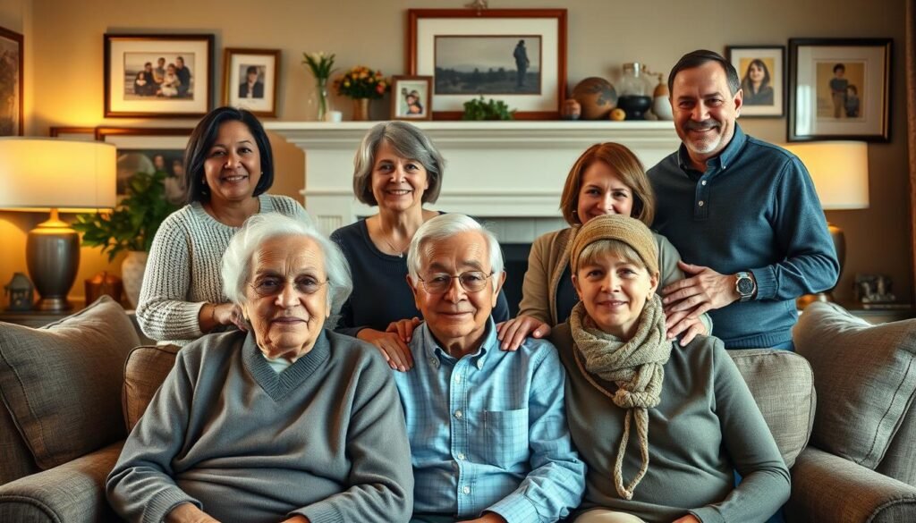 A warm and serene family portrait capturing the essence of multigenerational wealth preservation. In the foreground, an elderly couple sits contentedly, their faces radiating wisdom and experience. Behind them, their adult children stand proudly, hands on the shoulders of their own young children, forming a tapestry of generations. The lighting is soft and golden, creating a sense of timelessness and tranquility. The background is a tastefully appointed living room, filled with subtle nods to the family's legacy, such as framed photographs and heirlooms. The overall atmosphere conveys a palpable sense of unity, trust, and a commitment to passing down cherished values and traditions.