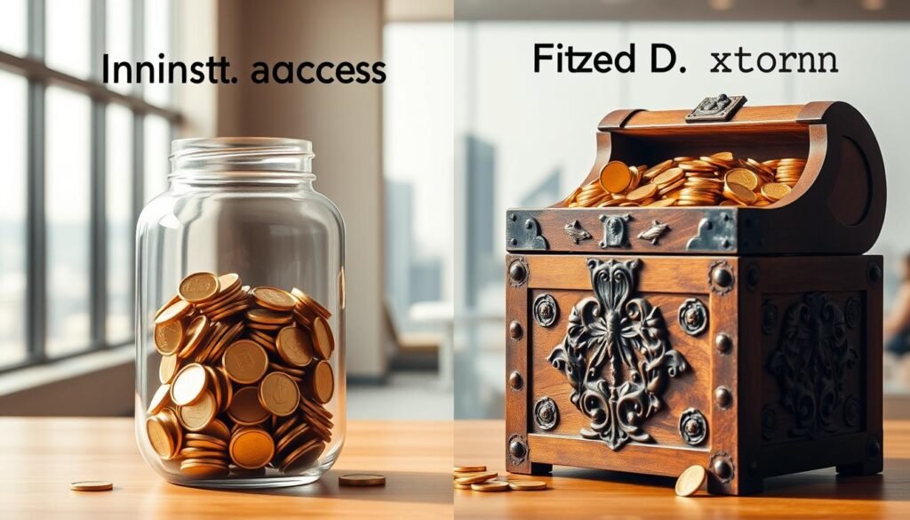 A well-lit side-by-side comparison of two savings account types - an instant access account and a fixed term deposit account. The instant access account is represented by a sleek, modern glass jar filled with shimmering gold coins, while the fixed term account is symbolized by a sturdy, weathered wooden chest with intricate carvings, also brimming with golden coins. The background is a warm, neutral-toned office setting, with a large window overlooking a cityscape in the distance, bathing the scene in a soft, natural light. The overall composition conveys a sense of financial security, stability, and the distinct advantages of each savings vehicle.