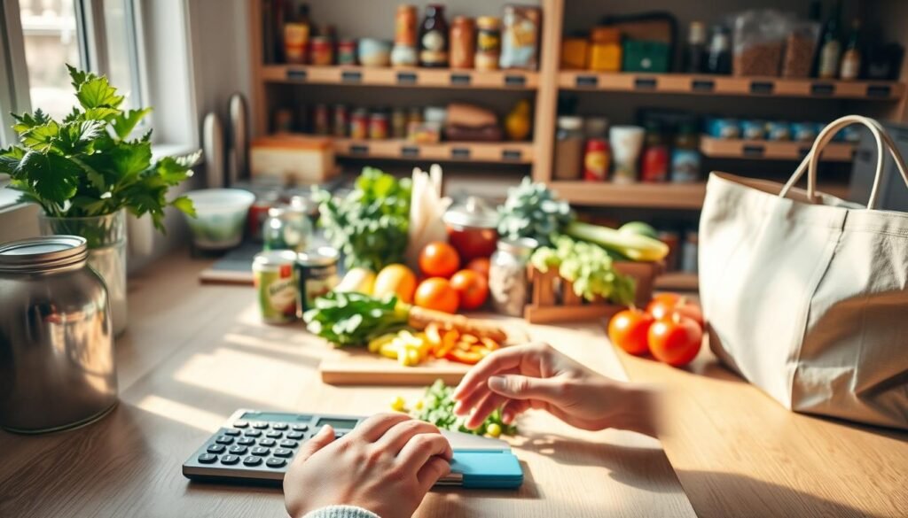 A well-stocked kitchen counter with fresh produce, canned goods, and a calculator. Soft natural lighting filters through a window, casting warm shadows. In the foreground, a person's hands carefully compare prices and make notes. The middle ground features a cutting board with chopped vegetables, a savings calculator, and a reusable grocery bag. In the background, a neatly organized pantry shelves showcase various food items. The overall scene conveys a sense of mindful budgeting, resourcefulness, and a commitment to saving money on groceries.