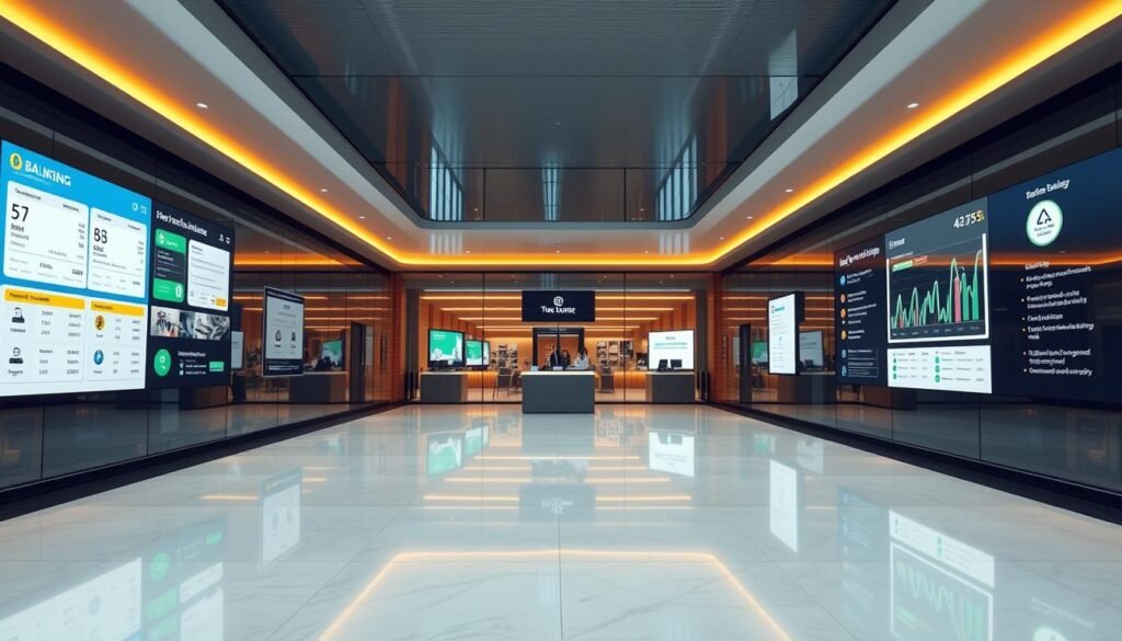 An expansive modern banking interface displaying a range of online services. Sleek glass and steel architecture with large display screens showcasing account balances, money transfers, bill payments, and investment portfolios. Warm indirect lighting casts a professional, reassuring atmosphere. Carefully arranged UI elements guide the user through a seamless digital banking experience. Minimalist branding and clean typography convey a sense of trust and reliability. Subtle reflections on the smooth surfaces add depth and sophistication to the scene.