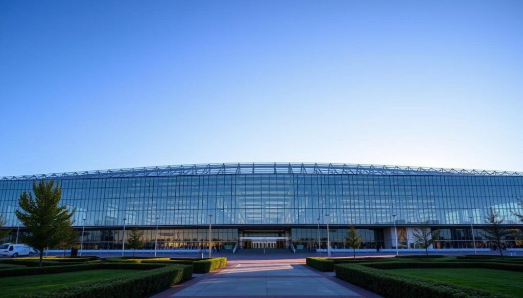 An expansive, modern trade exhibition center with a striking glass and steel exterior, ExCeL London stands tall against a clear blue sky. The midground showcases the center's impressive scale, with its numerous interconnected halls and vast open spaces. In the foreground, well-manicured gardens and pathways lead visitors to the main entrance, bathed in warm, directional lighting that casts dramatic shadows. The overall atmosphere conveys a sense of professionalism, efficiency, and the promise of productive business exchanges within.