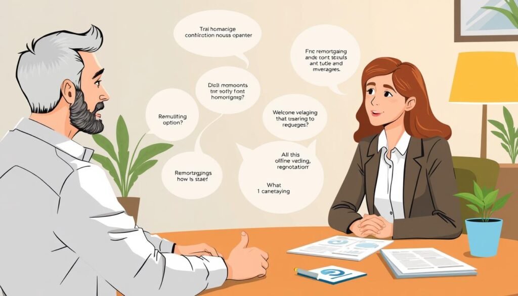 An image of a homeowner discussing remortgaging options with a financial advisor
