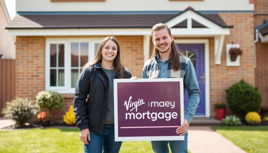 An image of a young couple standing in front of their first home with a Virgin Money mortgage sign