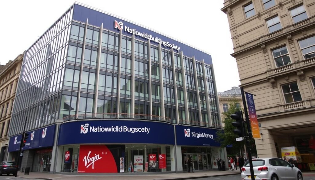 Generate an image of Nationwide Building Society's headquarters with a Virgin Money branch in the foreground.