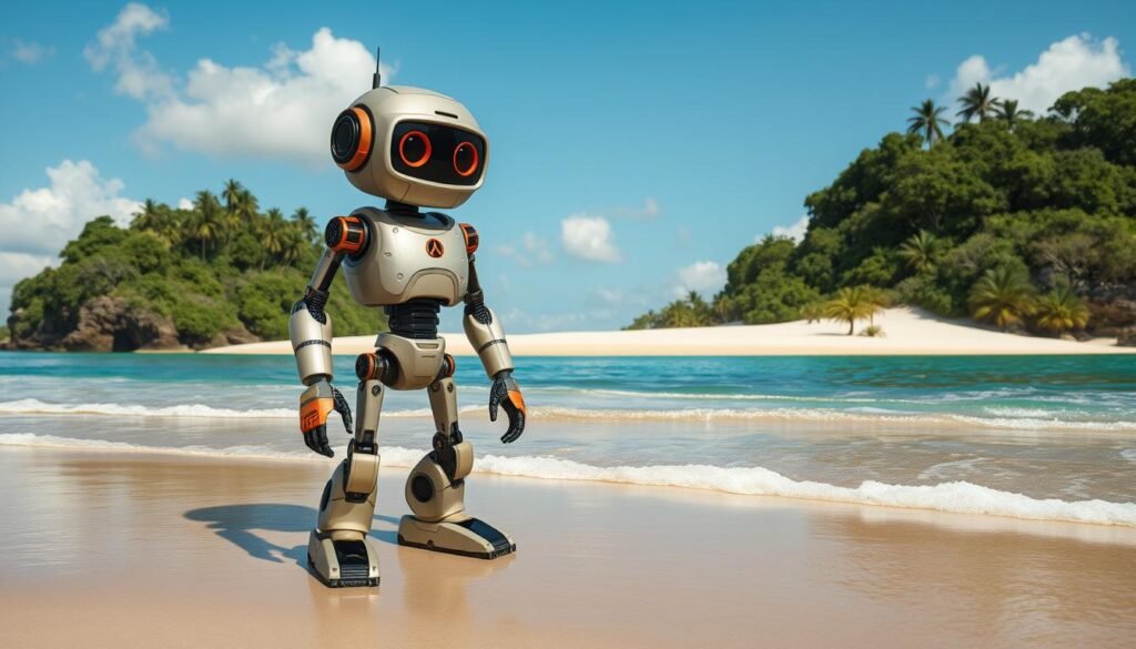 Generate an image of Roz, the robot from The Wild Robot, standing on a deserted island