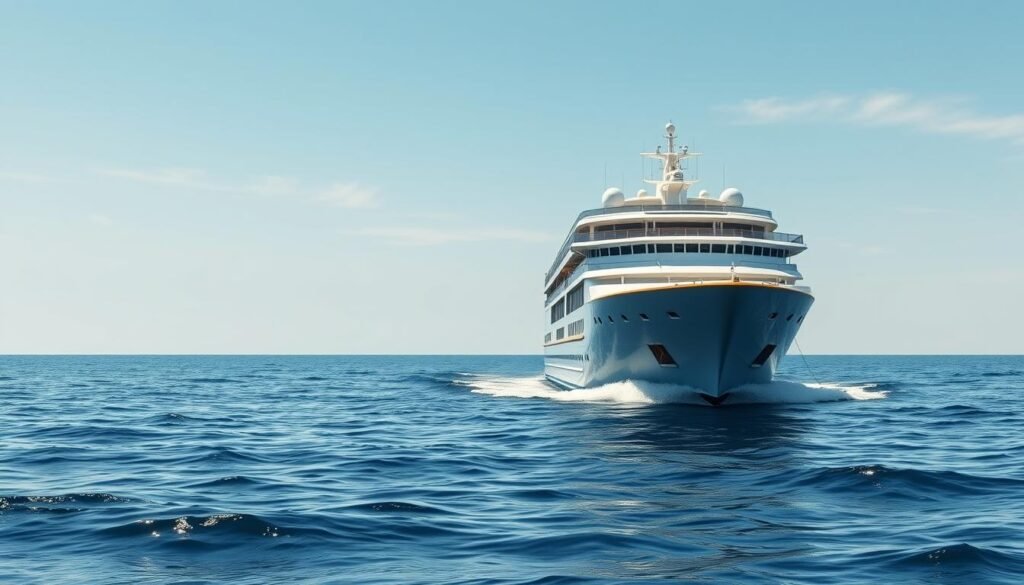 Generate an image of a cruise ship in a serene ocean environment.