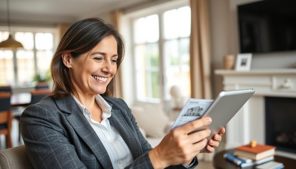 Generate an image of a person looking at a house valuation report on a tablet with a satisfied expression.