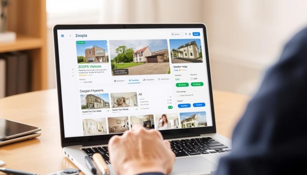 Generate an image of a person using Zoopla's advanced search tools on a laptop.