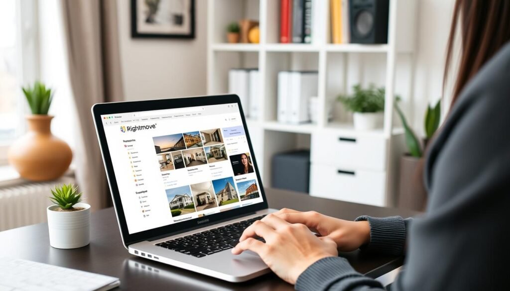 Generate an image of a person using a laptop to research properties on Rightmove