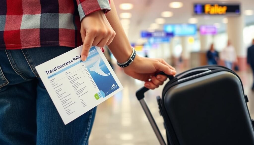 Image of a traveller holding a suitcase and a travel insurance policy