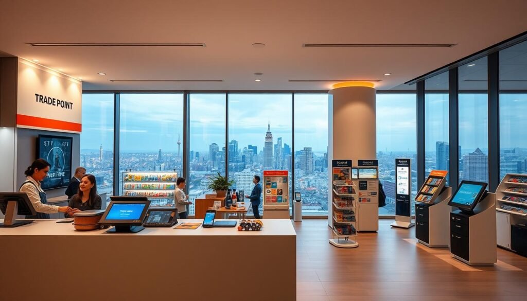 Trade Point services showcased in a vibrant, modern setting. In the foreground, a sleek, minimalist counter with various payment terminals and a friendly staff member assisting a customer. The middle ground features an array of product displays and informational kiosks, highlighting Trade Point's diverse offerings. In the background, a large window offers a panoramic view of a bustling city skyline, conveying a sense of connection to the wider community. The lighting is warm and inviting, with a mix of natural and soft artificial illumination, creating a welcoming atmosphere. The overall composition emphasizes Trade Point's role as a one-stop destination for all of the customer's needs, blending functionality, technology, and a personalized touch.