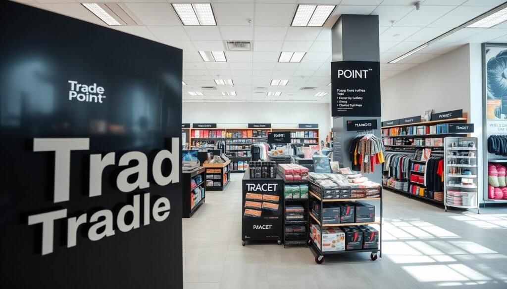 a high-quality, detailed image of a modern retail store interior with bright, natural lighting, showcasing an array of competitively priced products on well-organized shelves and displays. The foreground features a large, prominently placed "Trade Point" logo and signage, conveying a sense of authority and trustworthiness. The middle ground showcases various product categories, such as electronics, home goods, and apparel, all priced attractively to suggest great value. The background features a clean, minimalist design with neutral tones, creating a calming and inviting atmosphere that emphasizes the store's focus on providing a premium shopping experience at competitive prices.