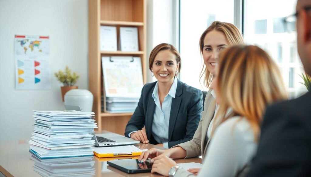 a professional travel assistant dressed in a smart casual outfit, sitting at a desk in a well-lit, modern office, surrounded by stacks of documents, a laptop, and a calendar, with a friendly expression, providing guidance and support to a client visible in the foreground, the client's face not shown, creating an atmosphere of personalized service and care for travelers' needs